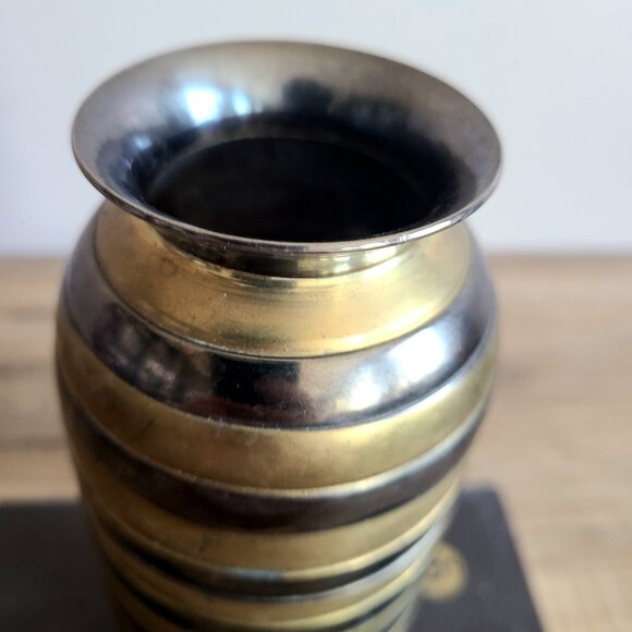 Vintage 7.5 Tall Solid Brass Vase with Black and Gold Striped Design. - Picture 5 of 6
